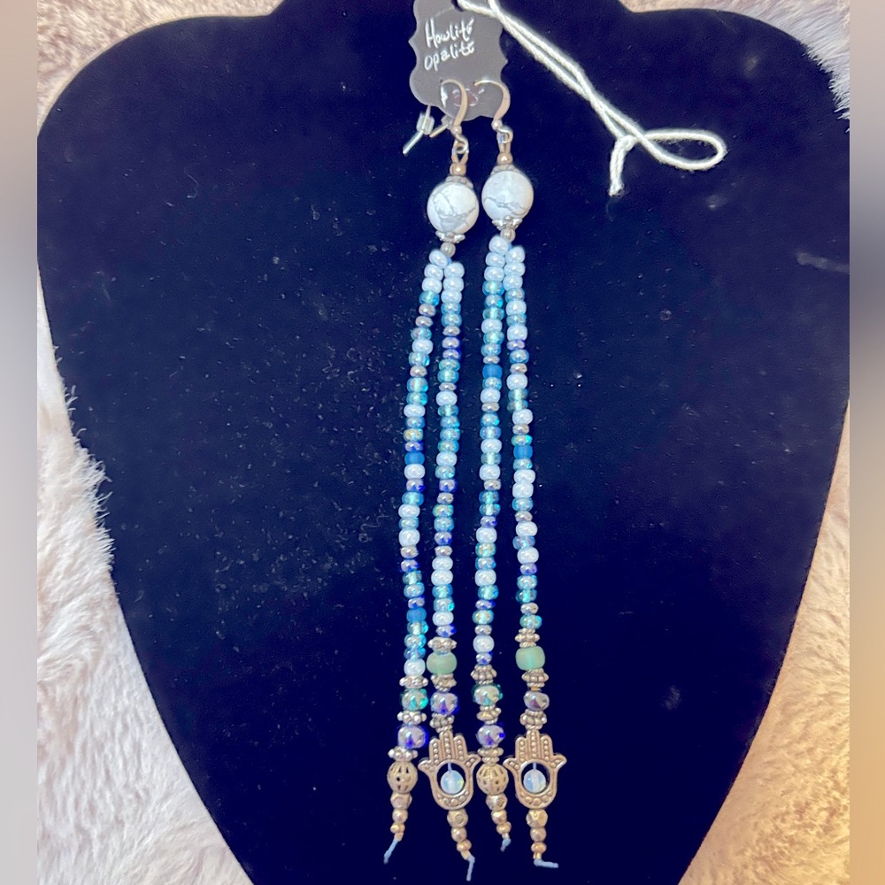 Howlite Opalite Blue Beaded Hamsa Earrings Handmade